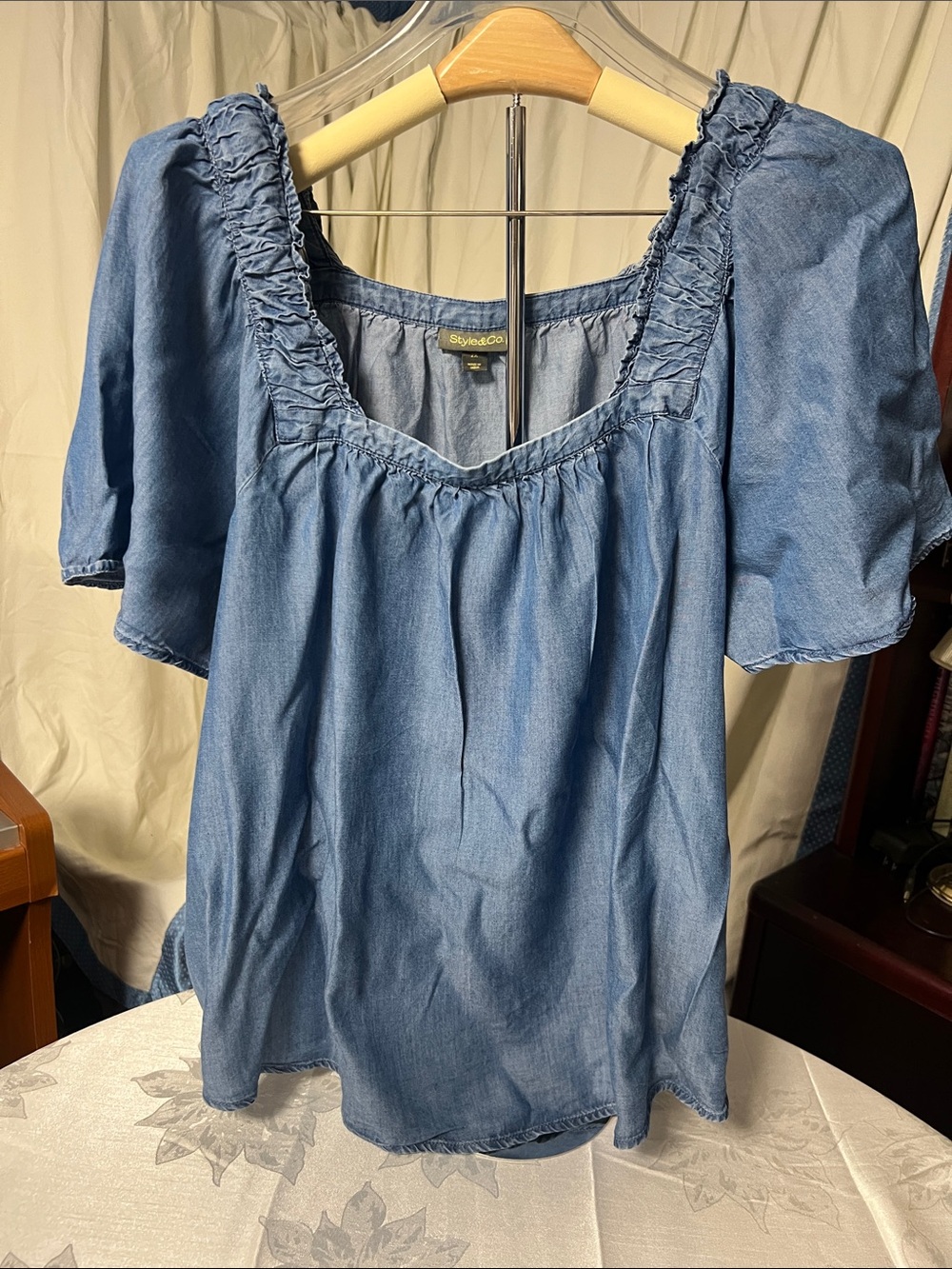 Style & Co. Light Blue Denim-Look Ruffled Square Neck Blouse